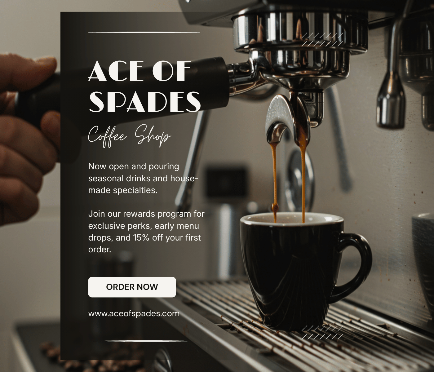 Advertisement for Ace of Spades Coffee Shop with espresso machine and coffee cup.