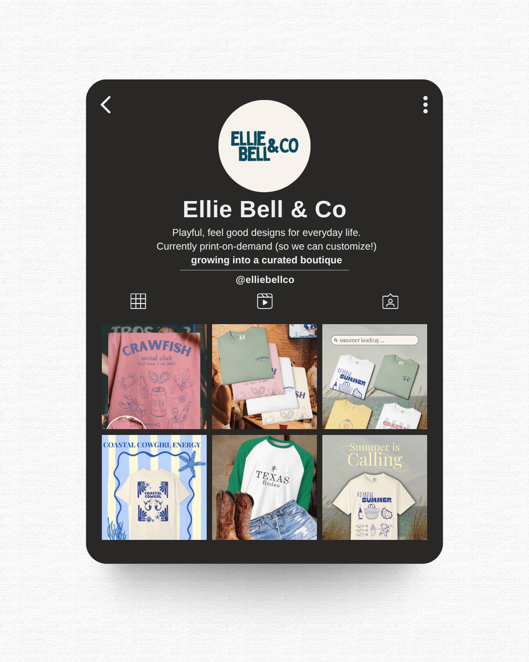 Tablet displaying the Ellie Bell & Co brand with product images on a white background