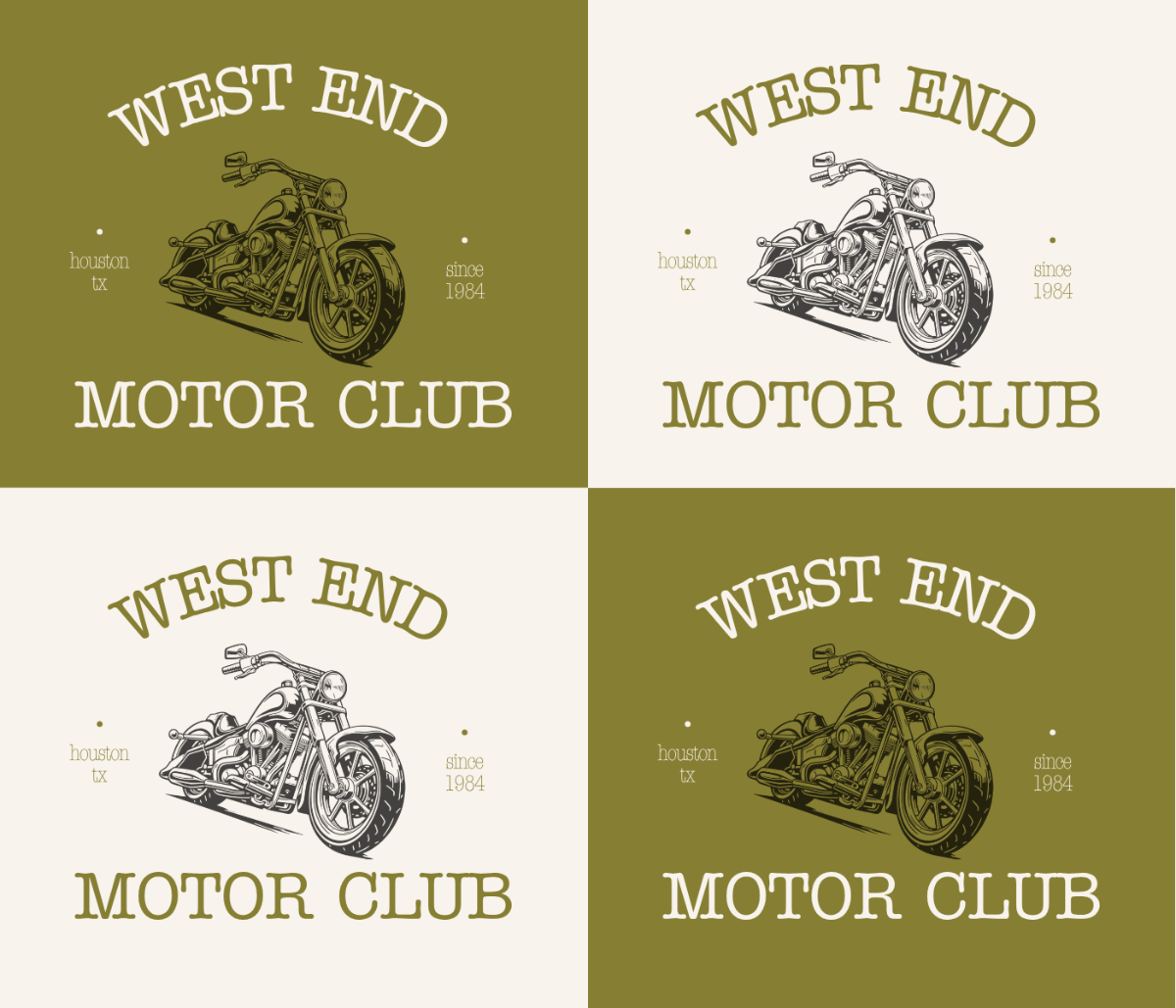 Four instances of 'West End Motor Club' logo with motorcycles on a green and white background.