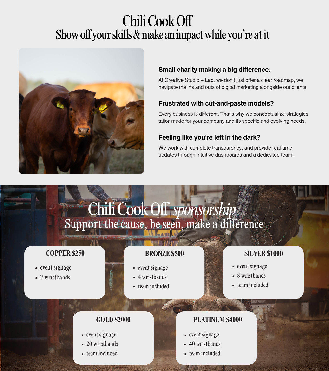 Advertisement for Chili Cook Off event sponsorship with cow images and text.