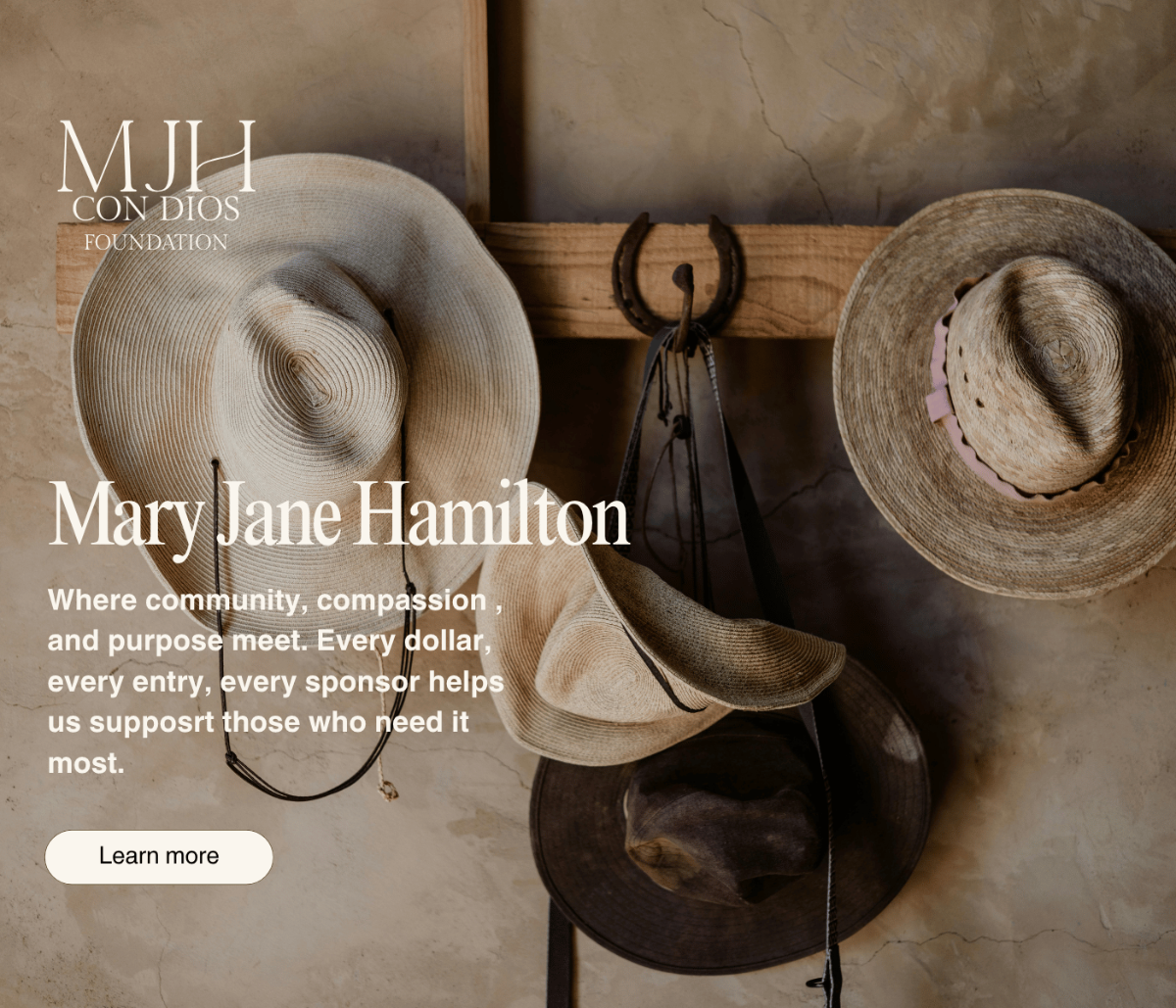 Two hats hanging on a rack with text about the MJH Foundation and Mary Jane Hamilton.