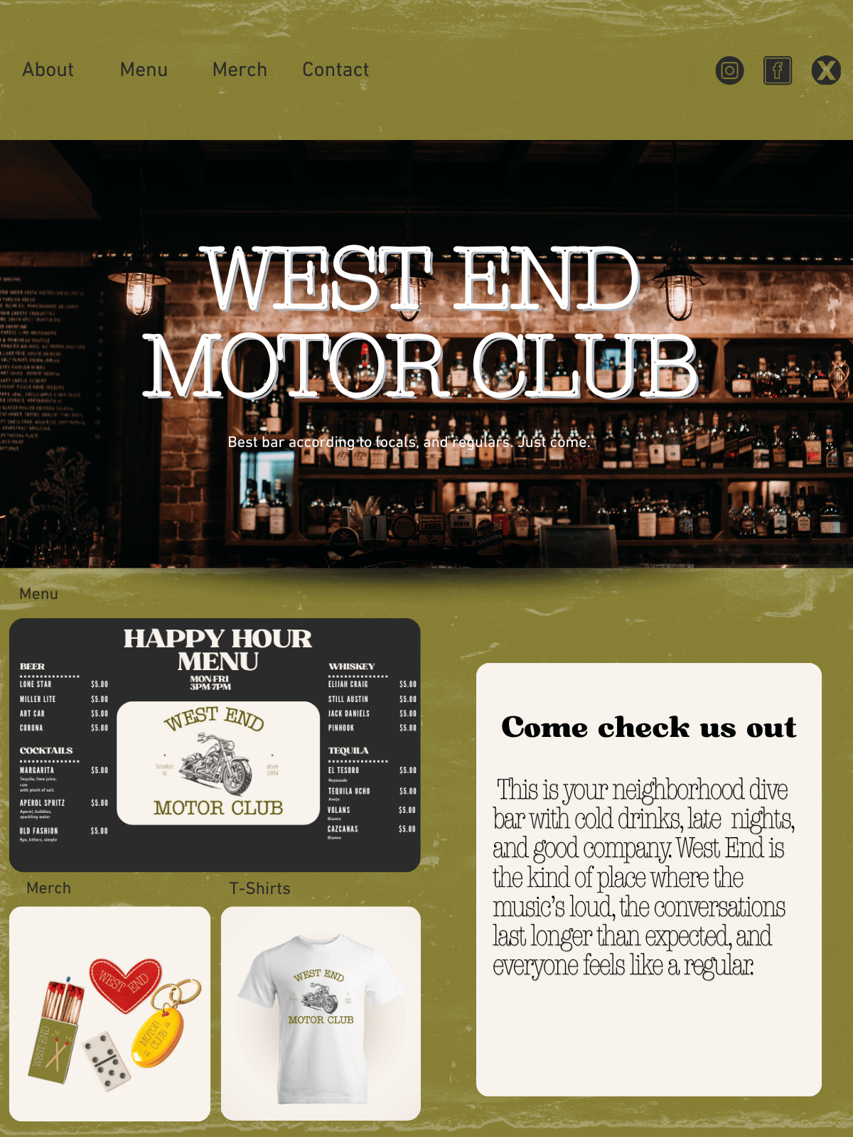 Website homepage of West End Motor Club with bar interior and promotional elements.