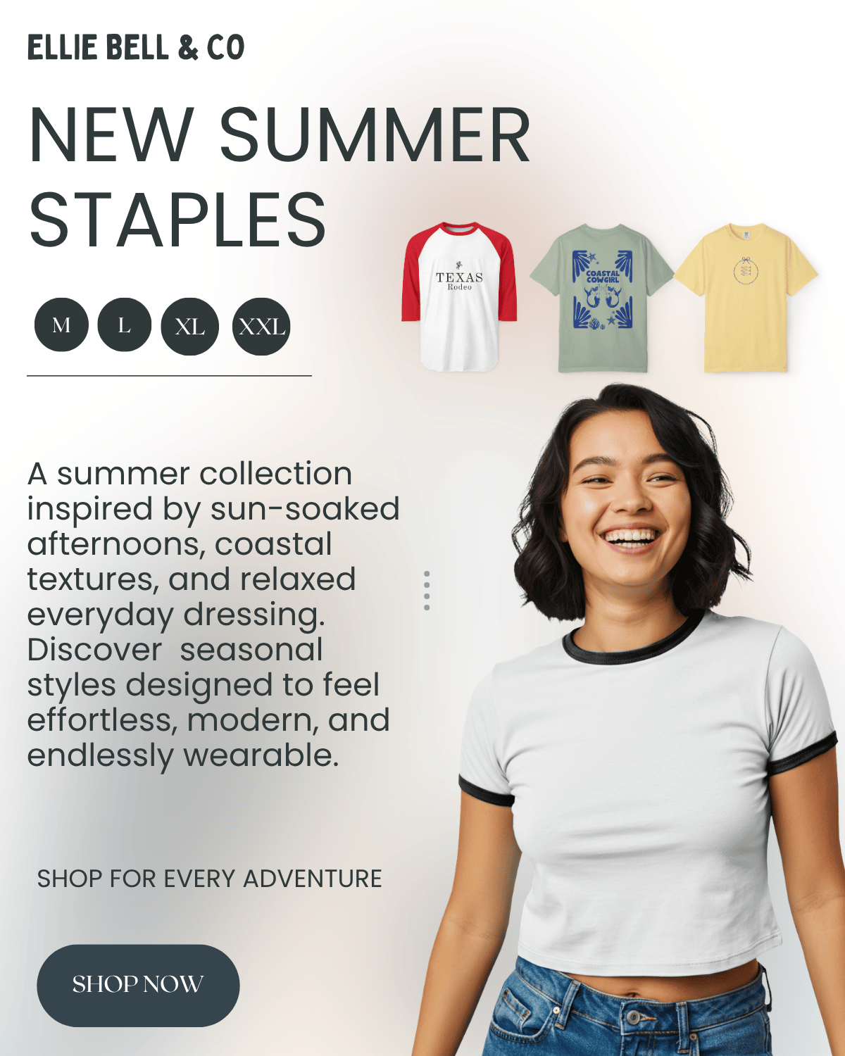 Promotional image for Ellie Bell & Co with t-shirts and a model wearing a t-shirt.