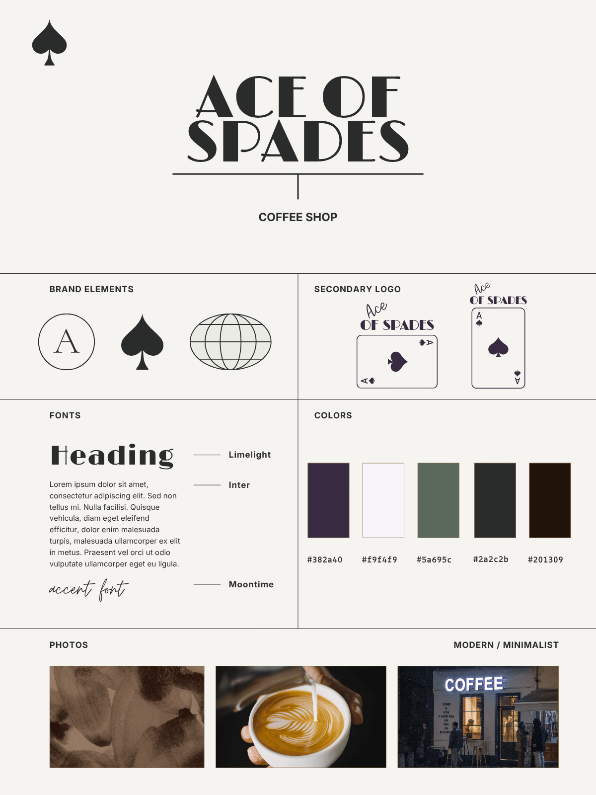 Brand guidelines for 'Ace of Spades Coffee Shop' with logo design, color palette, and photos.