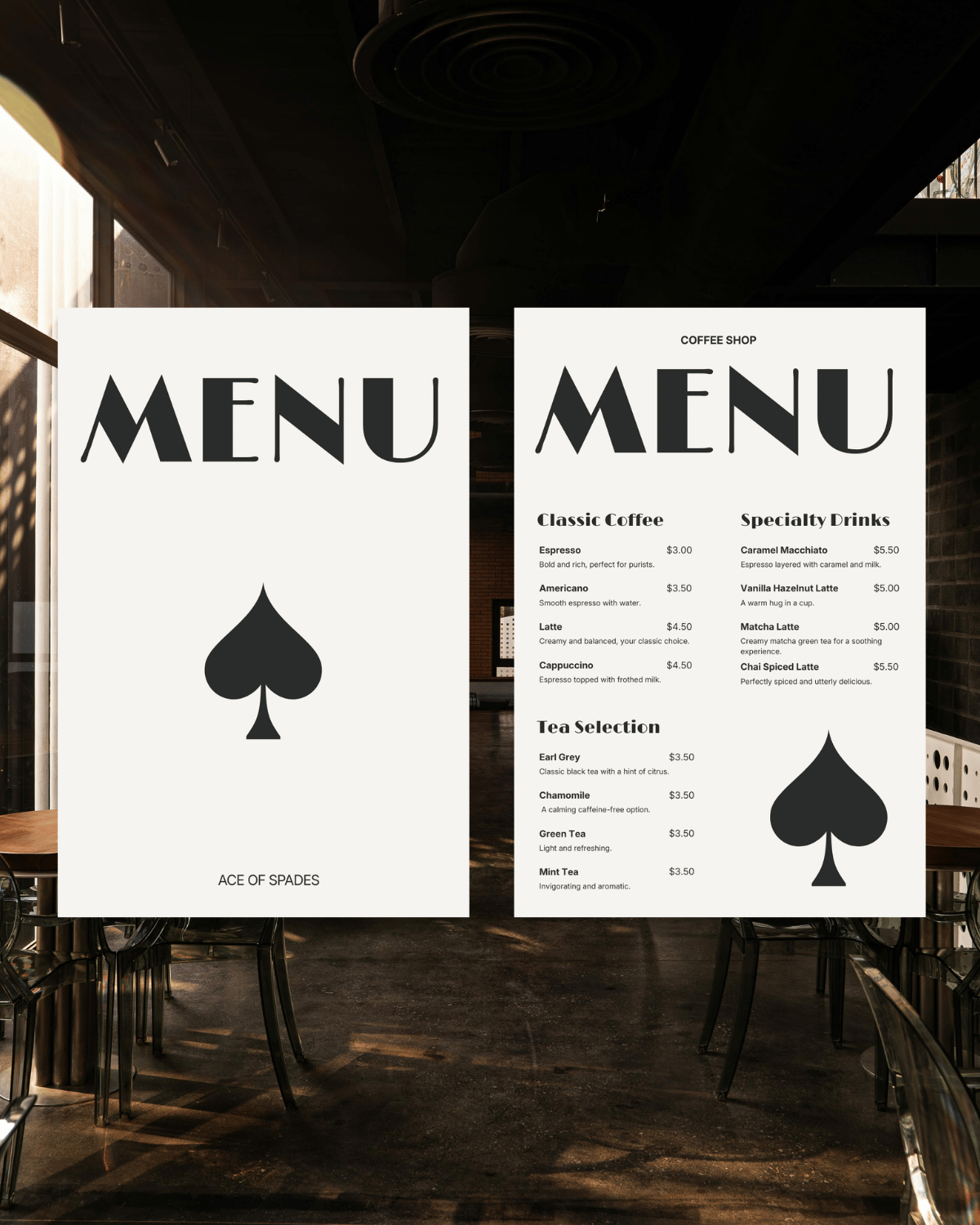 Two menu boards with spade symbol design in a coffee shop setting