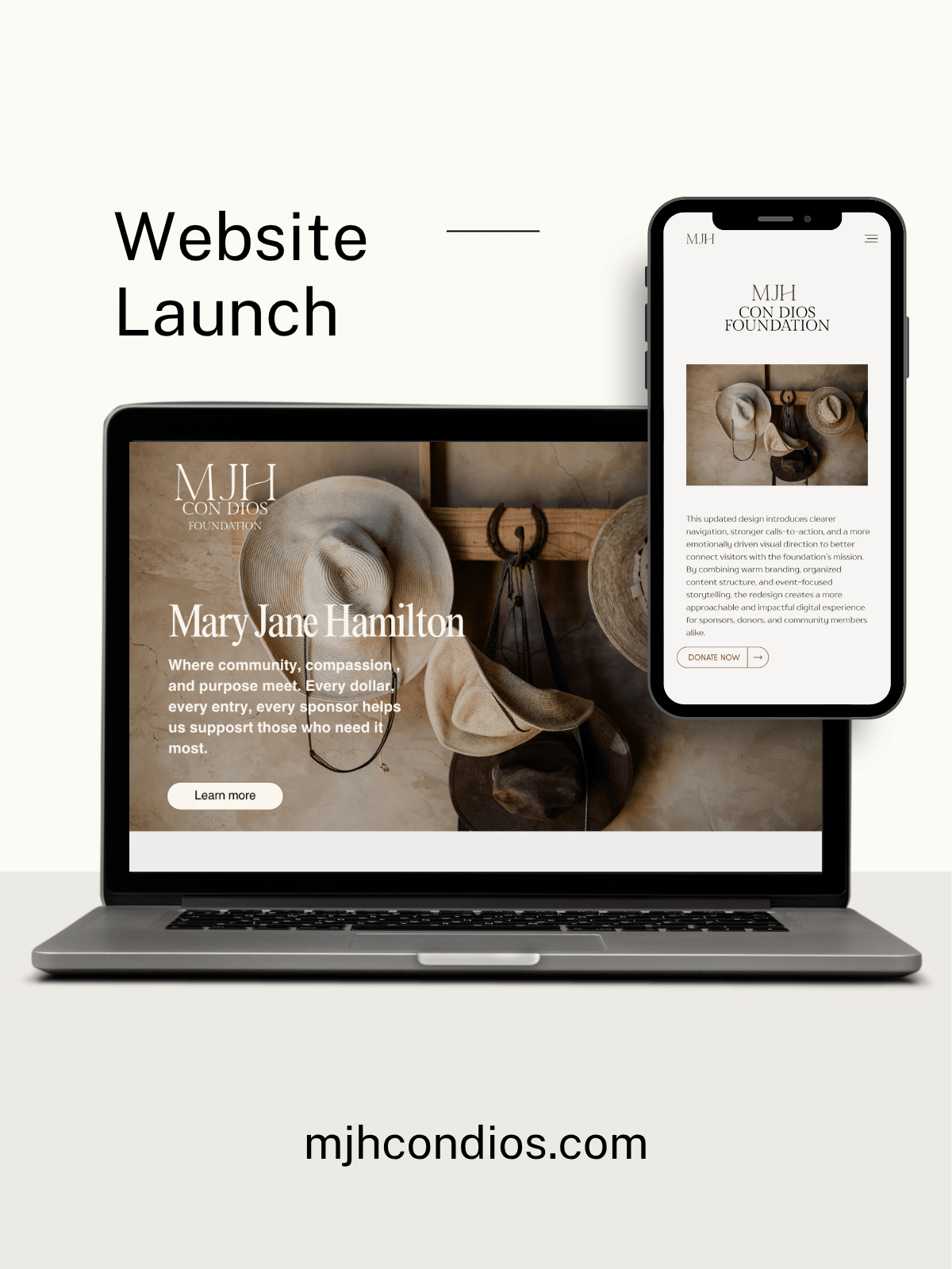 Laptop and smartphone displaying a website with 'Mary Jane Hamilton' branding.