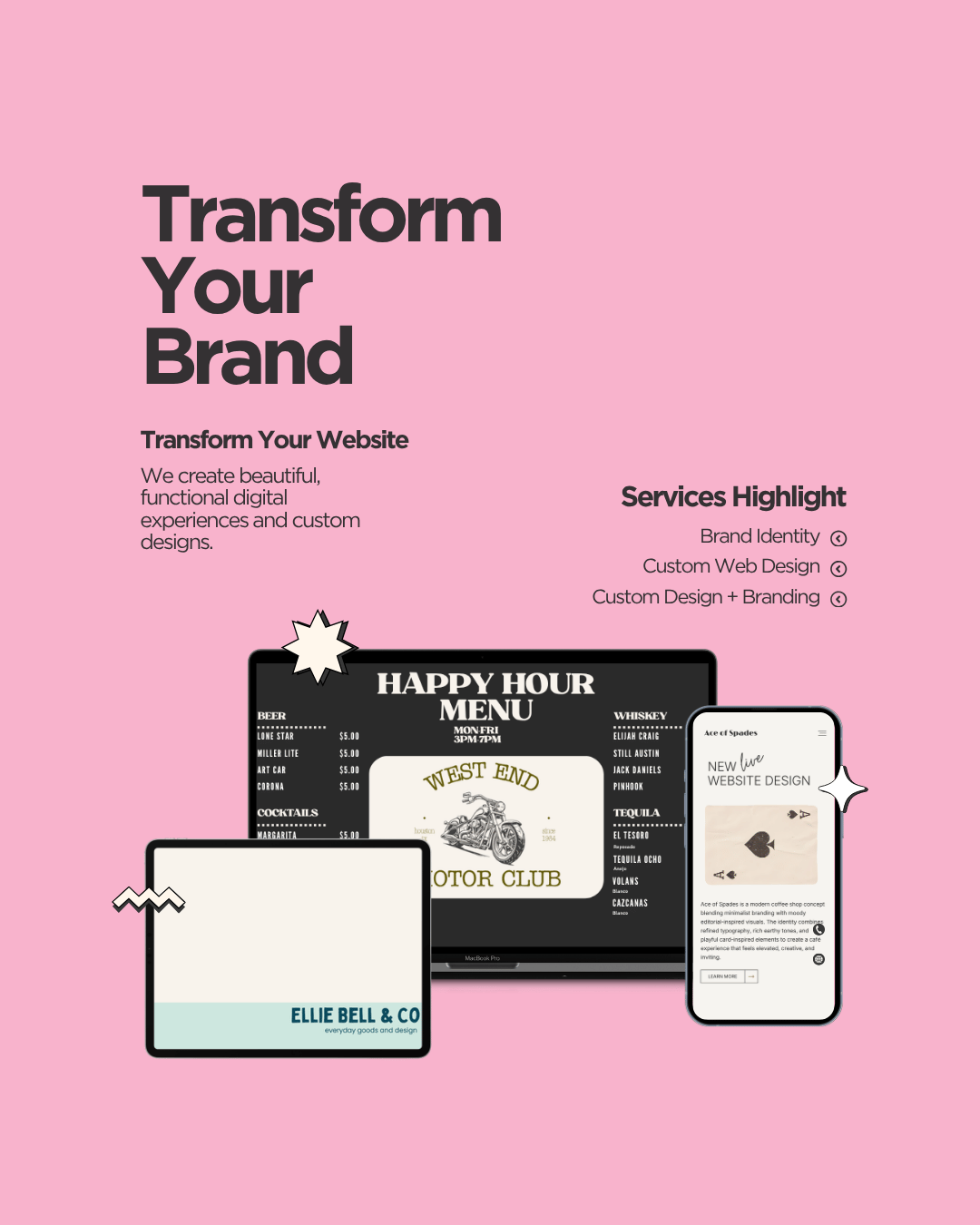 Advertisement for branding services with digital menu and phone interface on a pink background
