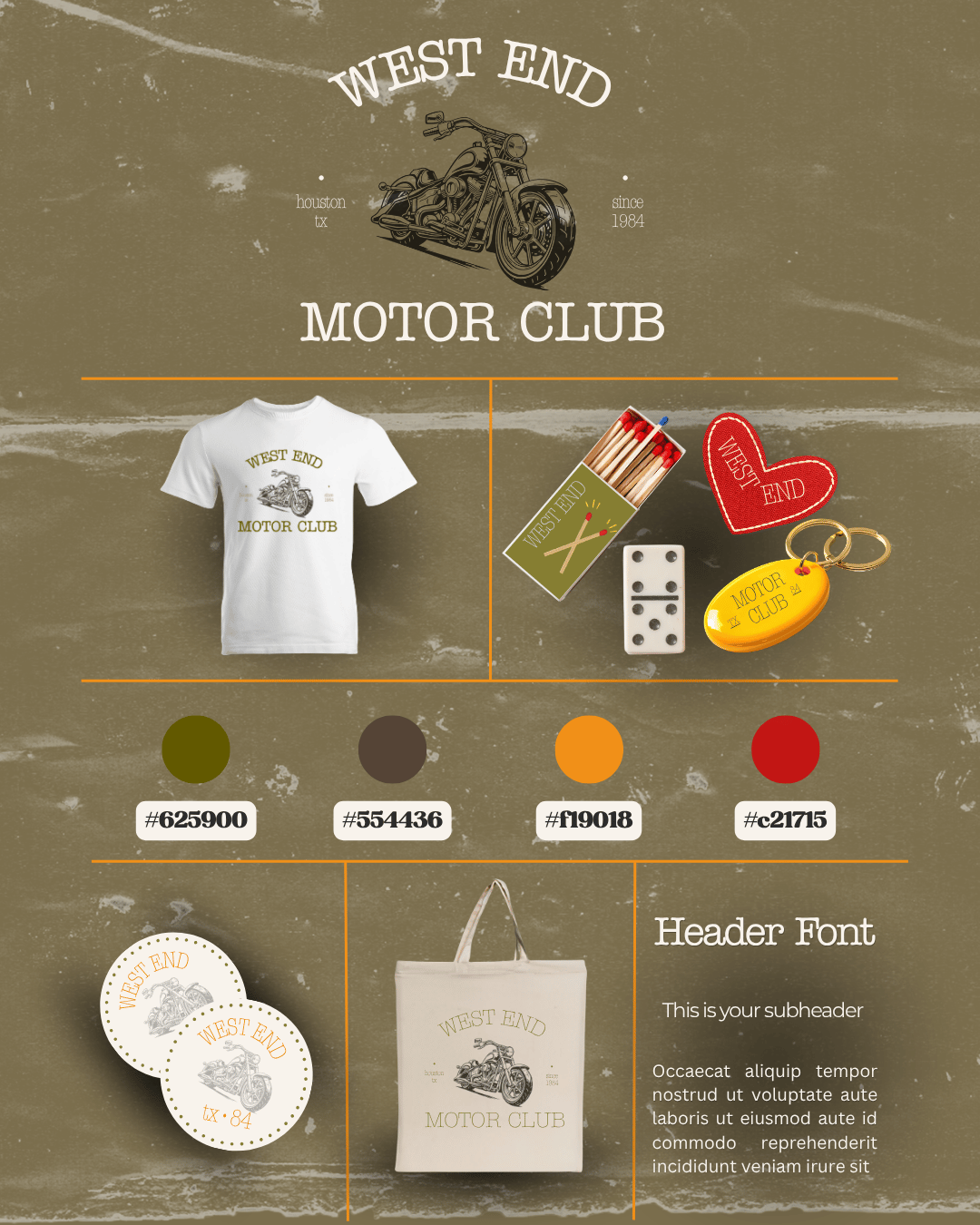 West End Motor Club merchandise including t-shirt, keychain, and bag on a textured brown background.