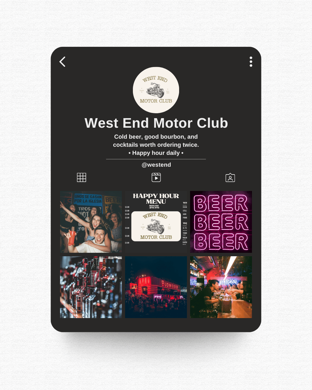 Tablet displaying the West End Motor Club app with various images and text.